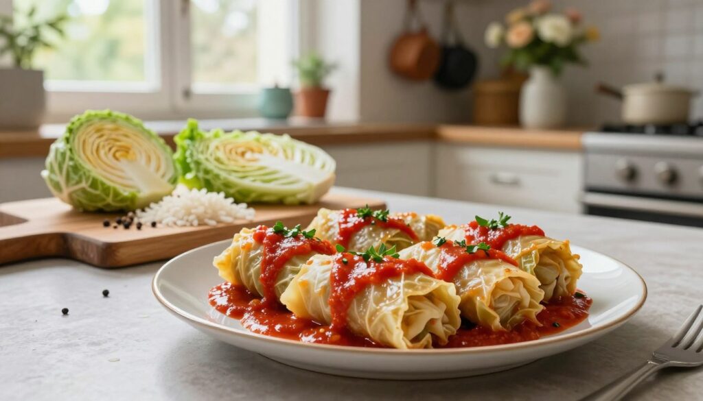 A serene kitchen setting showcasing creatively prepared stuffed cabbage rolls (gołąbki). In the foreground, a beautifully arranged plate of gołąbki, drizzled with a rich, homemade tomato sauce, garnished with fresh herbs. The middle ground features a wooden cutting board with additional ingredients like cabbage leaves, rice, and spices, hinting at the preparation process. Soft, natural light streams through a nearby window, adding warmth and highlighting the textures of the food. In the background, a cozy kitchen with tasteful decor, including pots hanging and a vase with fresh flowers, creates an inviting, homey atmosphere. The composition balances culinary artistry with a casual, welcoming feel. A serene kitchen setting showcasing creatively prepared stuffed cabbage rolls (gołąbki). In the foreground, a beautifully arranged plate of gołąbki, drizzled with a rich, homemade tomato sauce, garnished with fresh herbs. The middle ground features a wooden cutting board with additional ingredients like cabbage leaves, rice, and spices, hinting at the preparation process. Soft, natural light streams through a nearby window, adding warmth and highlighting the textures of the food. In the background, a cozy kitchen with tasteful decor, including pots hanging and a vase with fresh flowers, creates an inviting, homey atmosphere. The composition balances culinary artistry with a casual, welcoming feel.