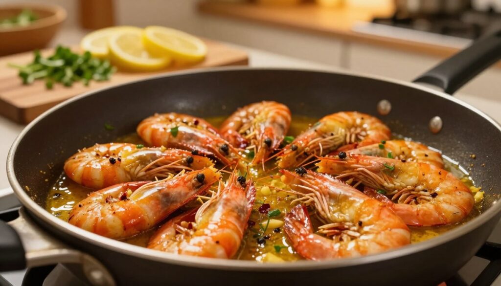 A sizzling pan filled with juicy, vibrant shrimp (krewetki) cooked to perfection, garnished with a medley of colorful spices like red chili flakes, garlic, and fresh herb sprigs. The shrimp should glisten in a golden, buttery sauce reflecting the warm light of the kitchen. In the foreground, detail the texture of the shrimp, showcasing the fine lines of seasoning clinging to their surface. In the middle ground, a wooden cutting board with sliced lemons and chopped green herbs adds freshness. The background features a softly blurred kitchen, illuminated by a warm glow, evoking a cozy and inviting atmosphere. Capture the image from a slightly elevated angle, emphasizing the delectable display and inviting viewers to experience the culinary delight. A sizzling pan filled with juicy, vibrant shrimp (krewetki) cooked to perfection, garnished with a medley of colorful spices like red chili flakes, garlic, and fresh herb sprigs. The shrimp should glisten in a golden, buttery sauce reflecting the warm light of the kitchen. In the foreground, detail the texture of the shrimp, showcasing the fine lines of seasoning clinging to their surface. In the middle ground, a wooden cutting board with sliced lemons and chopped green herbs adds freshness. The background features a softly blurred kitchen, illuminated by a warm glow, evoking a cozy and inviting atmosphere. Capture the image from a slightly elevated angle, emphasizing the delectable display and inviting viewers to experience the culinary delight.