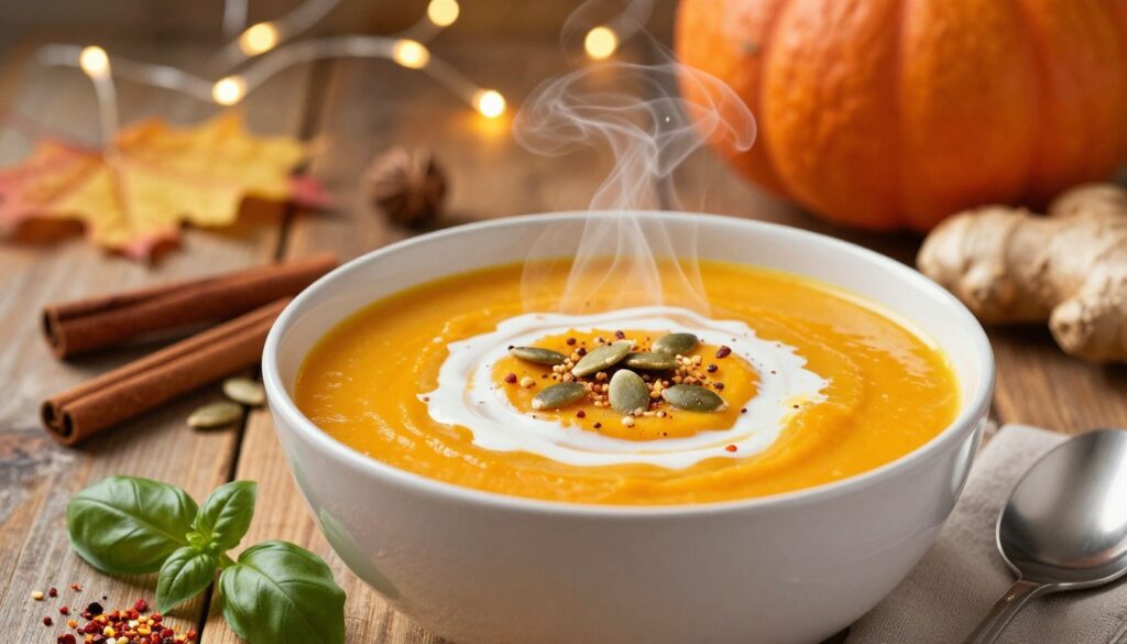 A steaming bowl of creamy pumpkin soup, garnished with a drizzle of rich coconut cream and a sprinkle of toasted pumpkin seeds. The foreground features delicate herbs like fresh basil and a hint of chili flakes, adding warmth and texture. In the middle ground, a rustic wooden table adorned with colorful fall ingredients such as cinnamon sticks, nutmeg, and fresh ginger evokes a cozy autumn ambiance. The background showcases softly blurred twinkling fairy lights, creating a warm, inviting glow. The lighting is soft and natural, enhancing the soup's vibrant orange hue and the rich, inviting atmosphere of a warm kitchen. The overall mood is comforting, inviting, and aromatic, perfect for illustrating a recipe that highlights the natural sweetness of pumpkin. A steaming bowl of creamy pumpkin soup, garnished with a drizzle of rich coconut cream and a sprinkle of toasted pumpkin seeds. The foreground features delicate herbs like fresh basil and a hint of chili flakes, adding warmth and texture. In the middle ground, a rustic wooden table adorned with colorful fall ingredients such as cinnamon sticks, nutmeg, and fresh ginger evokes a cozy autumn ambiance. The background showcases softly blurred twinkling fairy lights, creating a warm, inviting glow. The lighting is soft and natural, enhancing the soup's vibrant orange hue and the rich, inviting atmosphere of a warm kitchen. The overall mood is comforting, inviting, and aromatic, perfect for illustrating a recipe that highlights the natural sweetness of pumpkin.
