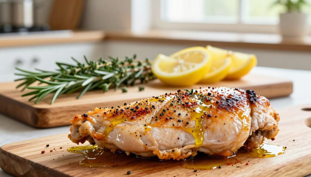 A succulent chicken breast, seasoned and beautifully cooked, sits prominently in the foreground, glistening with a light marinade of fresh herbs and spices. The skin appears golden brown, with visible flecks of black pepper, paprika, and a drizzle of olive oil enhancing its appeal. In the middle, an elegant wooden cutting board holds sprigs of rosemary and thyme, alongside slices of lemon showcasing their vibrant yellow color. The background features a softly blurred kitchen setting with natural light streaming in through a window, creating a warm and inviting atmosphere. The image should capture the essence of flavor and freshness, inviting the viewer to imagine the rich taste and juicy texture of perfectly seasoned chicken. A succulent chicken breast, seasoned and beautifully cooked, sits prominently in the foreground, glistening with a light marinade of fresh herbs and spices. The skin appears golden brown, with visible flecks of black pepper, paprika, and a drizzle of olive oil enhancing its appeal. In the middle, an elegant wooden cutting board holds sprigs of rosemary and thyme, alongside slices of lemon showcasing their vibrant yellow color. The background features a softly blurred kitchen setting with natural light streaming in through a window, creating a warm and inviting atmosphere. The image should capture the essence of flavor and freshness, inviting the viewer to imagine the rich taste and juicy texture of perfectly seasoned chicken.