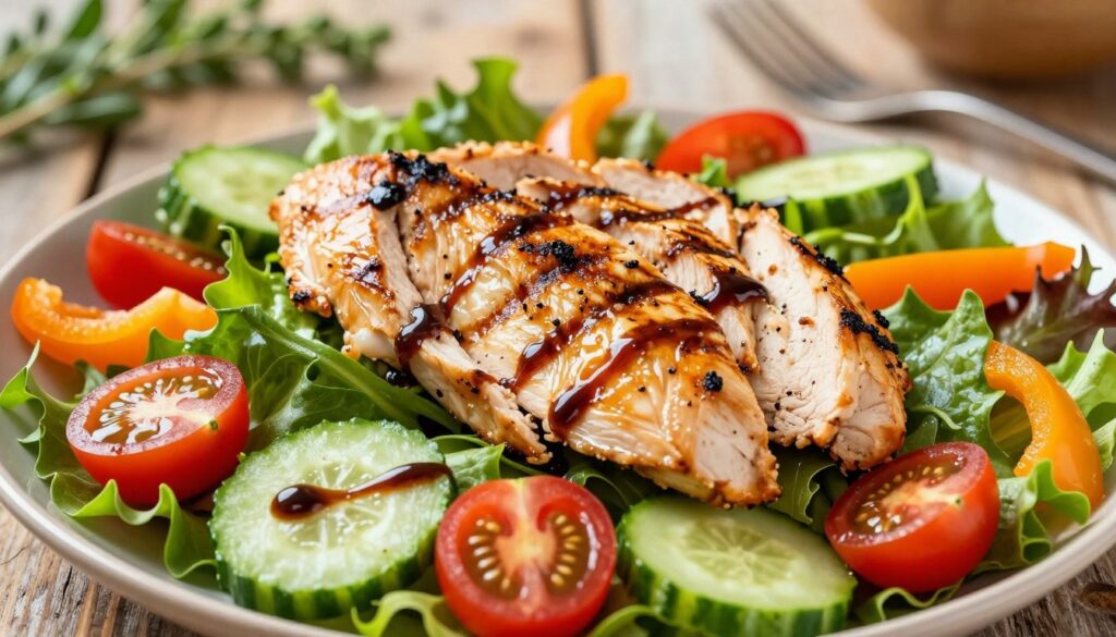 A vibrant and appetizing salad featuring grilled chicken breast slices as the centerpiece. In the foreground, the salad is beautifully arranged with a variety of fresh ingredients such as mixed greens, cherry tomatoes, cucumber slices, and colorful bell peppers. The grilled chicken is perfectly charred, glistening with a light marinade, showcasing golden-brown grill marks. In the middle, a delicate drizzle of balsamic vinaigrette adds a glossy finish, inviting the viewer to enjoy the dish. The background softly blurs a rustic wooden table and a few herbs, enhancing the natural and fresh atmosphere. Natural daylight filters through, casting a warm glow over the scene, creating an inviting and wholesome mood. The camera angle is slightly from above, capturing the vibrant colors and textures of the salad, ensuring it looks tantalizing and delicious. A vibrant and appetizing salad featuring grilled chicken breast slices as the centerpiece. In the foreground, the salad is beautifully arranged with a variety of fresh ingredients such as mixed greens, cherry tomatoes, cucumber slices, and colorful bell peppers. The grilled chicken is perfectly charred, glistening with a light marinade, showcasing golden-brown grill marks. In the middle, a delicate drizzle of balsamic vinaigrette adds a glossy finish, inviting the viewer to enjoy the dish. The background softly blurs a rustic wooden table and a few herbs, enhancing the natural and fresh atmosphere. Natural daylight filters through, casting a warm glow over the scene, creating an inviting and wholesome mood. The camera angle is slightly from above, capturing the vibrant colors and textures of the salad, ensuring it looks tantalizing and delicious.