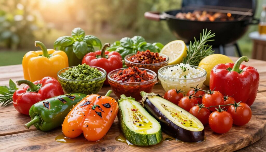 A vibrant and colorful array of marinated vegetables arranged artistically on a rustic wooden table. In the foreground, an assortment of grilled bell peppers, zucchini, eggplant, and cherry tomatoes, glistening with a mixture of olive oil, herbs, and spices. The middle layer features small bowls filled with aromatic marinades of various colors, like a vibrant green pesto, a rich red harissa, and a zesty lemon-garlic blend, each surrounded by fresh herbs. In the background, a soft-focus outdoor grilling area basking in golden afternoon sunlight, with hints of greenery from kitchen herbs like basil and rosemary. The image evokes a warm, inviting atmosphere, perfect for a summer cookout, emphasizing the delicious and eye-catching nature of marinated vegetables.