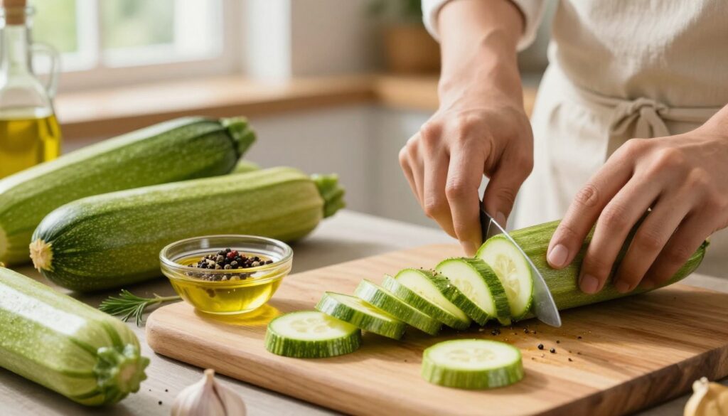A vibrant and colorful kitchen scene featuring fresh zucchinis laid out on a wooden cutting board. In the foreground, a chef's hands, clad in a neat apron, are delicately slicing the zucchini into thin, even rounds for grilling, showcasing their bright green color. In the middle, a small bowl of aromatic spices, including olive oil, garlic, herbs, and pepper, is ready to be mixed with the sliced zucchini. Background elements include a window allowing soft, natural light to filter through, casting a warm glow over the scene. The atmosphere is inviting and lively, emphasizing preparation and culinary creativity, without any text or distractions. The focus is on the art of seasoning zucchini for grilling. A vibrant and colorful kitchen scene featuring fresh zucchinis laid out on a wooden cutting board. In the foreground, a chef's hands, clad in a neat apron, are delicately slicing the zucchini into thin, even rounds for grilling, showcasing their bright green color. In the middle, a small bowl of aromatic spices, including olive oil, garlic, herbs, and pepper, is ready to be mixed with the sliced zucchini. Background elements include a window allowing soft, natural light to filter through, casting a warm glow over the scene. The atmosphere is inviting and lively, emphasizing preparation and culinary creativity, without any text or distractions. The focus is on the art of seasoning zucchini for grilling.