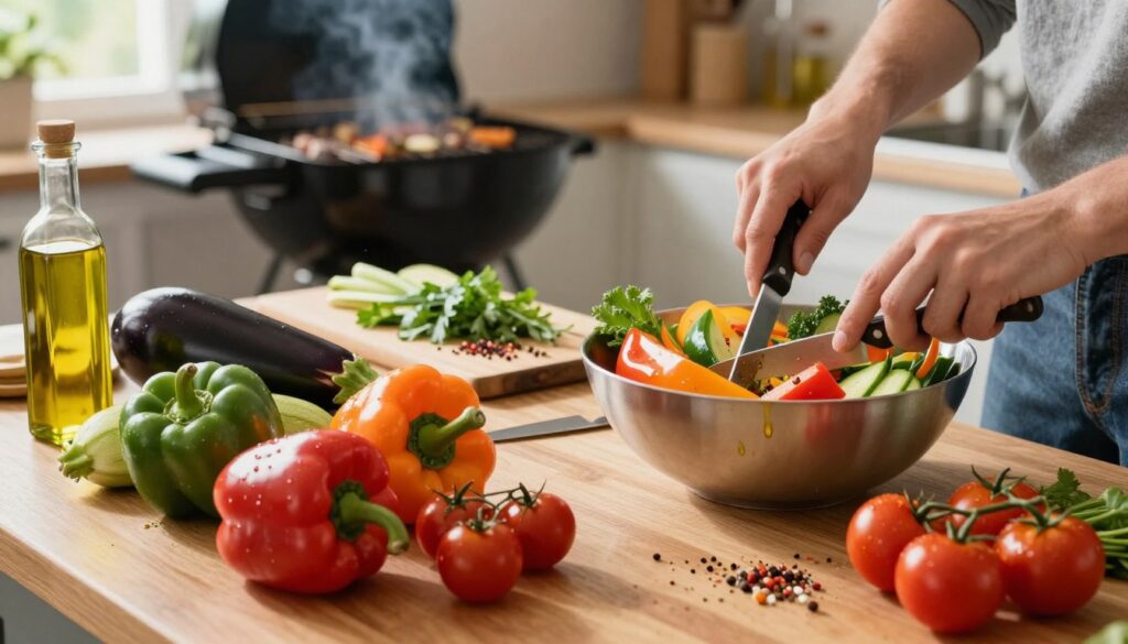 A vibrant and inviting kitchen scene featuring a wooden table filled with an assortment of fresh vegetables being prepared for grilling. In the foreground, colorful bell peppers, zucchini, eggplants, and cherry tomatoes are artfully arranged, glistening with a light drizzle of olive oil and colorful spices scattered around. A pair of hands is seen gently mixing the vegetables in a large bowl, showcasing a variety of knife skills. The middle ground includes a cutting board with chopped herbs and spices, contributing to the aromatic atmosphere. In the background, a well-lit grill is waiting, with smoke subtly rising, illuminated by warm, natural light filtering through a nearby window. The mood is cheerful and inviting, emphasizing the anticipation of a delicious meal.