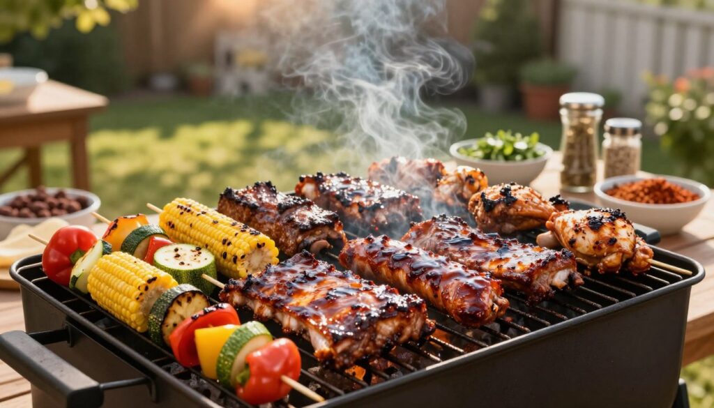 A vibrant and inviting table is set outdoors, showcasing an array of delicious BBQ options marinated in a rich, smoky-sweet marinade. In the foreground, a grilling station features juicy cuts of meat—ribs, chicken, and bratwurst—glistening with a caramelized glaze. Surrounding the meats are colorful skewers of grilled vegetables, including bell peppers, zucchini, and corn, adding a splash of color. The middle ground includes bowls filled with fresh herbs and spices, hinting at the marinade's secret recipe. The background captures a sunlit backyard scene, with greenery and a gentle breeze, establishing a warm, inviting atmosphere. Soft, golden hour lighting casts a warm glow over the scene, emphasizing the sumptuous food and creating an enticing BBQ mood. The angle is slightly elevated, providing a clear view of the delectable offerings without any text or distractions.