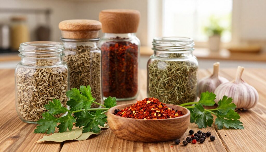 A vibrant assortment of traditional spices and herbs for seasoning beef tripe soup, artfully arranged on a rustic wooden table. In the foreground, a small wooden bowl holds a blend of paprika, black pepper, and crushed chili flakes, alongside sprigs of fresh parsley and bay leaves. In the middle ground, jars of spices like caraway seeds, marjoram, and dried garlic stand elegantly, showcasing their rich colors and textures. The background features soft, warm lighting filtering through a nearby window, creating a cozy kitchen atmosphere. Capturing a sense of tradition and warmth, the scene conveys the essence of preparing a flavorful dish, emphasizing the importance of aromatic spices in culinary heritage. A vibrant assortment of traditional spices and herbs for seasoning beef tripe soup, artfully arranged on a rustic wooden table. In the foreground, a small wooden bowl holds a blend of paprika, black pepper, and crushed chili flakes, alongside sprigs of fresh parsley and bay leaves. In the middle ground, jars of spices like caraway seeds, marjoram, and dried garlic stand elegantly, showcasing their rich colors and textures. The background features soft, warm lighting filtering through a nearby window, creating a cozy kitchen atmosphere. Capturing a sense of tradition and warmth, the scene conveys the essence of preparing a flavorful dish, emphasizing the importance of aromatic spices in culinary heritage.