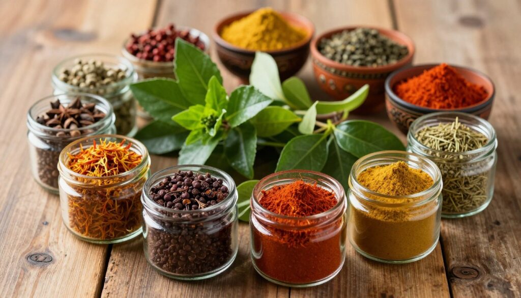 A vibrant assortment of unique spices from around the world, elegantly arranged on a rustic wooden table. In the foreground, colorful jars containing saffron, sumac, and five-spice powder, their textures highlighted. The middle ground features fresh herbs like kaffir lime leaves and epazote intertwined amongst the spices, creating a sense of freshness. In the background, softly blurred, traditional spice bowls reflecting various global cultures. Warm, natural lighting bathes the scene, accentuating the rich colors and inviting textures. The angle is slightly overhead, giving a comprehensive view of the spices while retaining an intimate atmosphere, evoking curiosity and warmth, ideal for enhancing a culinary experience. A vibrant assortment of unique spices from around the world, elegantly arranged on a rustic wooden table. In the foreground, colorful jars containing saffron, sumac, and five-spice powder, their textures highlighted. The middle ground features fresh herbs like kaffir lime leaves and epazote intertwined amongst the spices, creating a sense of freshness. In the background, softly blurred, traditional spice bowls reflecting various global cultures. Warm, natural lighting bathes the scene, accentuating the rich colors and inviting textures. The angle is slightly overhead, giving a comprehensive view of the spices while retaining an intimate atmosphere, evoking curiosity and warmth, ideal for enhancing a culinary experience.