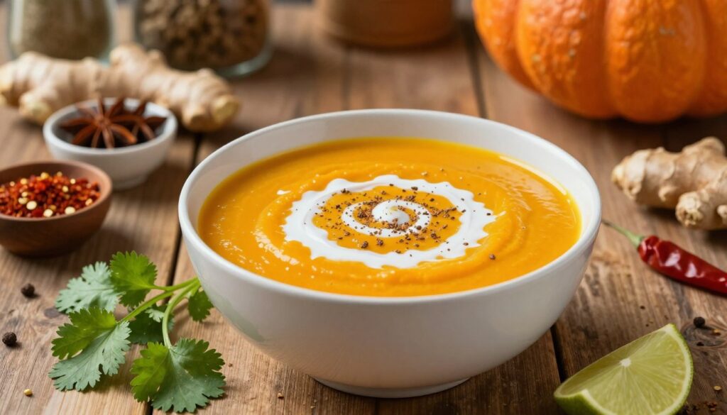A vibrant bowl of pumpkin soup, richly colored with deep orange hues and a creamy texture, is elegantly garnished with a swirl of coconut milk and a sprinkle of fragrant spices like cumin and coriander. In the foreground, fresh herbs like cilantro and a slice of lime add a bright contrast. The soup rests on a rustic wooden table, adorned with an array of spices in small bowls—star anise, ginger, and chili flakes—conveying an exotic flair. Soft, warm lighting enhances the cozy atmosphere, casting gentle shadows. The background features blurred kitchen elements, suggesting a warm, inviting kitchen space filled with aromatic herbs and spices, evoking a sense of comfort and culinary adventure perfect for an exotic pumpkin soup experience. A vibrant bowl of pumpkin soup, richly colored with deep orange hues and a creamy texture, is elegantly garnished with a swirl of coconut milk and a sprinkle of fragrant spices like cumin and coriander. In the foreground, fresh herbs like cilantro and a slice of lime add a bright contrast. The soup rests on a rustic wooden table, adorned with an array of spices in small bowls—star anise, ginger, and chili flakes—conveying an exotic flair. Soft, warm lighting enhances the cozy atmosphere, casting gentle shadows. The background features blurred kitchen elements, suggesting a warm, inviting kitchen space filled with aromatic herbs and spices, evoking a sense of comfort and culinary adventure perfect for an exotic pumpkin soup experience.