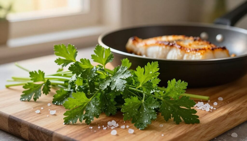 A vibrant, close-up image of fresh parsley (natka pietruszki) arranged artfully on a wooden cutting board, surrounded by a scattering of coarse sea salt. The parsley displays lush green leaves, glistening with droplets of water to emphasize its freshness. In the background, a soft-focus frying pan showcases a golden-brown fillet of pan-seared cod, perfectly crispy on the edges. Early evening sunlight streams through a nearby window, casting warm, inviting light on the scene, creating a cozy, home-cooking atmosphere. The overall composition invokes a sense of culinary warmth and the anticipation of a delicious meal, with a shallow depth of field emphasizing the parsley in the foreground.