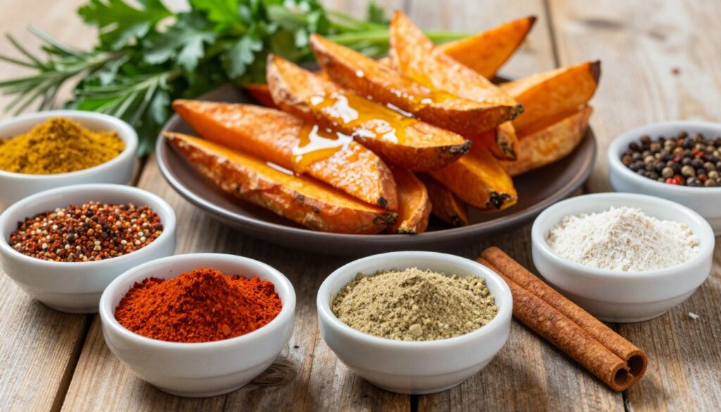 A vibrant collection of spices and seasonings specifically for sweet potato fries arranged artistically on a rustic wooden table. In the foreground, showcase small bowls filled with colorful spices like paprika, garlic powder, cinnamon, and cayenne pepper. In the middle ground, display a plate of golden, crispy sweet potato fries, glistening with a light drizzle of olive oil, invitingly arranged to highlight their texture. In the background, softly blurred, include fresh herbs like rosemary and parsley for a touch of green. Use natural, warm lighting that enhances the rich colors of the spices, creating a cozy and appetizing atmosphere. The angle should be slightly above the scene, giving a comprehensive view that emphasizes the flavors and textures of the ingredients.