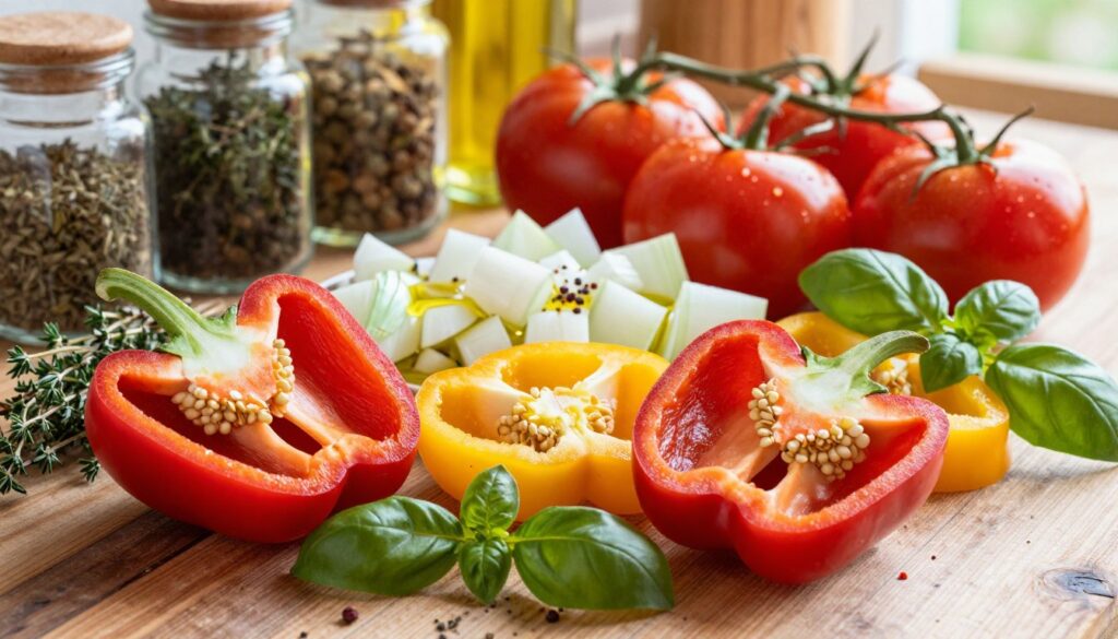 A vibrant, colorful still life of aromatic leczo ingredients laid out on a rustic wooden surface. In the foreground, vividly ripe red and yellow bell peppers are sliced open, showcasing their seeds and juicy flesh, accompanied by fragrant sprigs of fresh herbs like thyme and basil. The middle layer features diced onions and tomatoes, glistening with olive oil and speckled with spices. In the background, a sun-drenched kitchen with soft, natural lighting creates a warm ambiance, while glass jars of various spices catch the light, enhancing the aromatic feel. The scene evokes a sense of home-cooked warmth and culinary creativity, inviting viewers to appreciate the flavors of this aromatic dish. A vibrant, colorful still life of aromatic leczo ingredients laid out on a rustic wooden surface. In the foreground, vividly ripe red and yellow bell peppers are sliced open, showcasing their seeds and juicy flesh, accompanied by fragrant sprigs of fresh herbs like thyme and basil. The middle layer features diced onions and tomatoes, glistening with olive oil and speckled with spices. In the background, a sun-drenched kitchen with soft, natural lighting creates a warm ambiance, while glass jars of various spices catch the light, enhancing the aromatic feel. The scene evokes a sense of home-cooked warmth and culinary creativity, inviting viewers to appreciate the flavors of this aromatic dish.