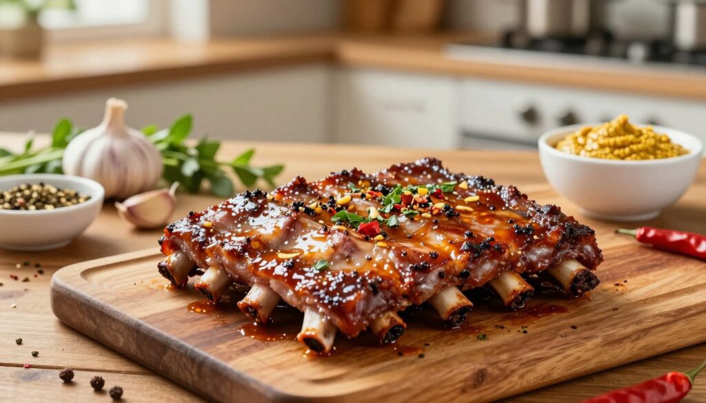 A vibrant composition featuring a rustic wooden table with a marinated rack of ribs as the focal point, surrounded by key ingredients for a flavorful marinade. In the foreground, the ribs are glistening with a rich, glossy marinade, showcasing a tantalizing mix of spices and herbs. In the middle, scattered aromatic components like crushed garlic, fresh herbs, chili flakes, and a bowl of mustard create an inviting atmosphere. The background features a softly blurred kitchen setting, with warm natural lighting illuminating the scene, giving it a cozy and homely feel. The image captures the essence of preparation, emphasizing the delectable quality and juices of the marinated meat, evoking a sense of anticipation for a delicious meal. A vibrant composition featuring a rustic wooden table with a marinated rack of ribs as the focal point, surrounded by key ingredients for a flavorful marinade. In the foreground, the ribs are glistening with a rich, glossy marinade, showcasing a tantalizing mix of spices and herbs. In the middle, scattered aromatic components like crushed garlic, fresh herbs, chili flakes, and a bowl of mustard create an inviting atmosphere. The background features a softly blurred kitchen setting, with warm natural lighting illuminating the scene, giving it a cozy and homely feel. The image captures the essence of preparation, emphasizing the delectable quality and juices of the marinated meat, evoking a sense of anticipation for a delicious meal.