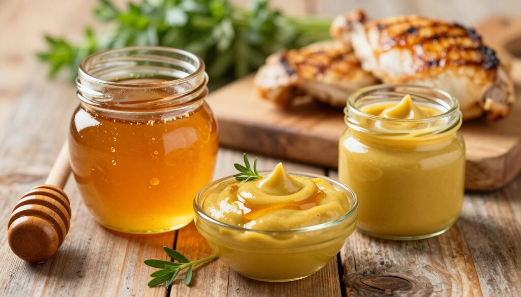 A vibrant food composition showcasing a jar of honey and a jar of mustard, placed elegantly on a rustic wooden table. In the foreground, focus on the rich, golden honey glistening under warm, soft lighting, with a wooden honey dipper leaning against the jar. Beside it, the mustard, with its creamy texture and rich yellow color, contrasts beautifully. In the middle ground, include a small bowl filled with a mixture of honey and mustard, drizzled artistically, with a sprig of fresh herbs as a garnish. The background should feature a subtle blur of green herbs and grilled chicken fillets being prepared, evoking a warm, inviting kitchen atmosphere. The overall mood is cozy and delicious, perfect for a quick meal inspiration. A vibrant food composition showcasing a jar of honey and a jar of mustard, placed elegantly on a rustic wooden table. In the foreground, focus on the rich, golden honey glistening under warm, soft lighting, with a wooden honey dipper leaning against the jar. Beside it, the mustard, with its creamy texture and rich yellow color, contrasts beautifully. In the middle ground, include a small bowl filled with a mixture of honey and mustard, drizzled artistically, with a sprig of fresh herbs as a garnish. The background should feature a subtle blur of green herbs and grilled chicken fillets being prepared, evoking a warm, inviting kitchen atmosphere. The overall mood is cozy and delicious, perfect for a quick meal inspiration.