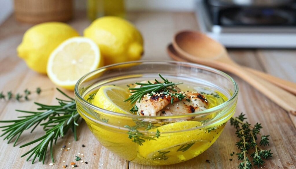A vibrant, fresh scene featuring a lemon-herb marinade for grilled chicken. In the foreground, a glass bowl filled with a bright yellow marinade made from freshly squeezed lemons, olive oil, finely chopped rosemary, thyme, and crushed garlic, with sprigs of herbs delicately placed around it. The middle ground shows wooden spoons and whole lemons resting beside the bowl, suggesting a cooking preparation atmosphere. The background softly blurs to reveal a rustic wooden kitchen countertop and hints of grill equipment, enhancing the home-cooking vibe. Soft, warm lighting illuminates the scene, creating an inviting and appetizing mood. The focus should highlight the texture and color of the marinade, embodying a classic lemon-herb composition perfect for a quick meal. A vibrant, fresh scene featuring a lemon-herb marinade for grilled chicken. In the foreground, a glass bowl filled with a bright yellow marinade made from freshly squeezed lemons, olive oil, finely chopped rosemary, thyme, and crushed garlic, with sprigs of herbs delicately placed around it. The middle ground shows wooden spoons and whole lemons resting beside the bowl, suggesting a cooking preparation atmosphere. The background softly blurs to reveal a rustic wooden kitchen countertop and hints of grill equipment, enhancing the home-cooking vibe. Soft, warm lighting illuminates the scene, creating an inviting and appetizing mood. The focus should highlight the texture and color of the marinade, embodying a classic lemon-herb composition perfect for a quick meal.