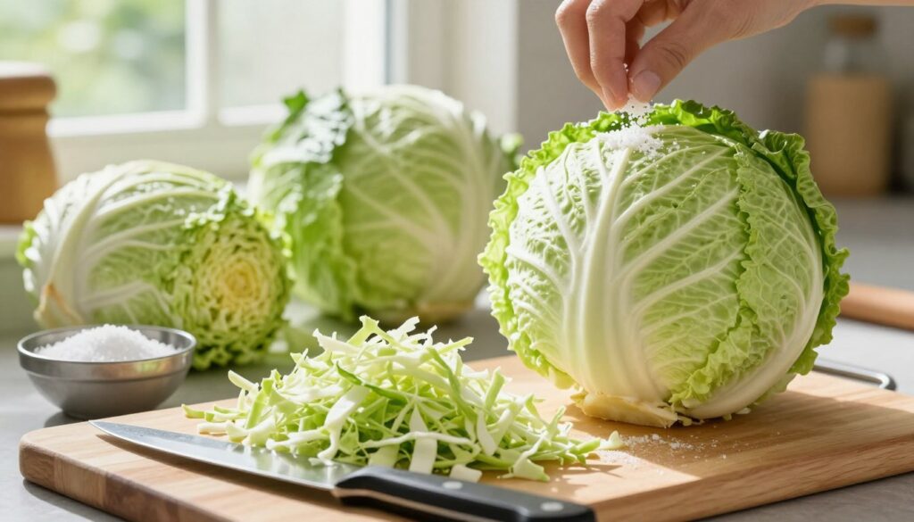 A vibrant kitchen scene featuring a fresh head of cabbage being prepared for freezing. In the foreground, a cutting board displays shredded cabbage alongside a sharp knife and a small bowl filled with salt. The middle ground showcases the cabbage in various stages of preparation, with some leaves neatly stacked and others being sprinkled with salt. In the background, light filters through a window, illuminating the room and casting soft shadows, creating a warm and inviting atmosphere. Use natural daylight to enhance the colors of the cabbage, emphasizing its crisp green and pale hues. Capture the scene at a slight angle for depth, ensuring the focus remains on the cabbage and its preparation steps. A vibrant kitchen scene featuring a fresh head of cabbage being prepared for freezing. In the foreground, a cutting board displays shredded cabbage alongside a sharp knife and a small bowl filled with salt. The middle ground showcases the cabbage in various stages of preparation, with some leaves neatly stacked and others being sprinkled with salt. In the background, light filters through a window, illuminating the room and casting soft shadows, creating a warm and inviting atmosphere. Use natural daylight to enhance the colors of the cabbage, emphasizing its crisp green and pale hues. Capture the scene at a slight angle for depth, ensuring the focus remains on the cabbage and its preparation steps.