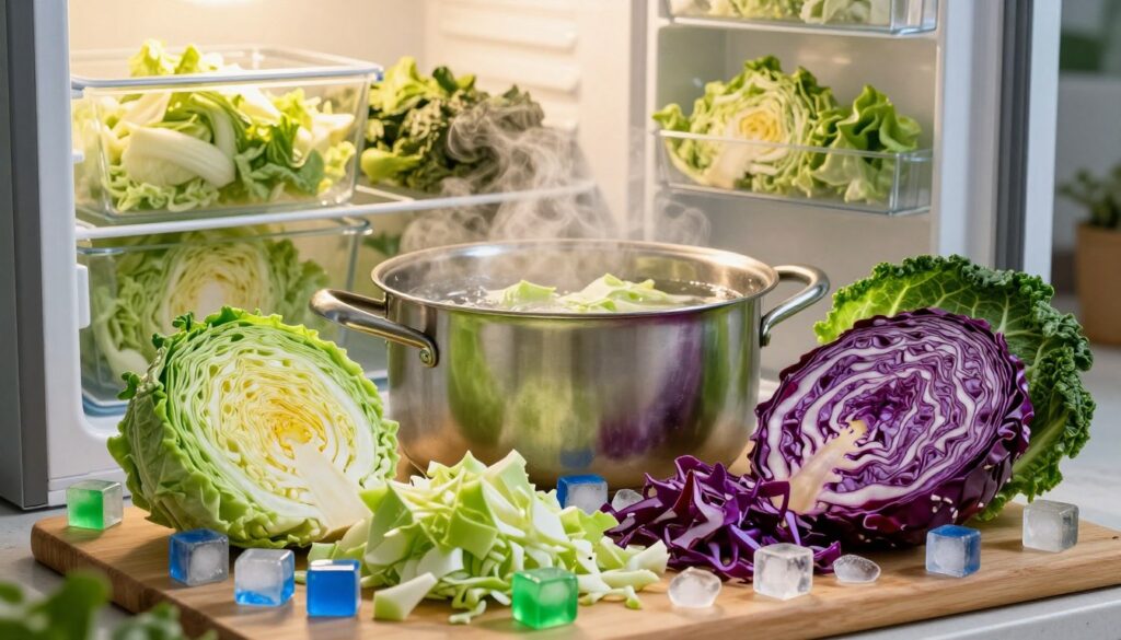A vibrant kitchen scene focusing on various types of cabbage being prepared for freezing. In the foreground, a cutting board displays freshly chopped green cabbage, red cabbage, and savoy cabbage, each distinct in color and texture. Blue and green artificial ice cubes surround the cabbage, highlighting the freezing process. In the middle, a pot of boiling water is steaming, with some boiled cabbage pieces visible, illustrating the cooking method. In the background, a well-stocked freezer is partially open, revealing glass containers filled with pre-frozen cabbage. The lighting is warm and inviting, emanating from soft overhead lights, creating a cozy and productive kitchen atmosphere. The scene captures the essence of different cabbage varieties and their preparation for freezing, emphasizing freshness and care in food preservation. A vibrant kitchen scene focusing on various types of cabbage being prepared for freezing. In the foreground, a cutting board displays freshly chopped green cabbage, red cabbage, and savoy cabbage, each distinct in color and texture. Blue and green artificial ice cubes surround the cabbage, highlighting the freezing process. In the middle, a pot of boiling water is steaming, with some boiled cabbage pieces visible, illustrating the cooking method. In the background, a well-stocked freezer is partially open, revealing glass containers filled with pre-frozen cabbage. The lighting is warm and inviting, emanating from soft overhead lights, creating a cozy and productive kitchen atmosphere. The scene captures the essence of different cabbage varieties and their preparation for freezing, emphasizing freshness and care in food preservation.