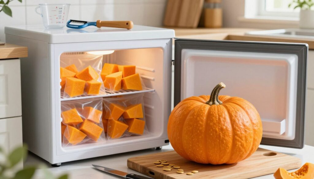 A vibrant kitchen scene showcasing a fresh, raw pumpkin ready for freezing. In the foreground, a bright orange pumpkin sits on a wooden cutting board, surrounded by a few scattered pumpkin seeds and a knife. In the middle, a freezer can be seen with its door slightly ajar, revealing neatly packaged bags of raw pumpkin cubes prepared for storage. In the background, a softly lit kitchen countertop displays various kitchen tools, such as a peeler and measuring cups. The warm, inviting atmosphere is enhanced by soft, natural light coming through a nearby window, casting gentle shadows. The overall composition conveys a sense of preparation and freshness, ideal for illustrating the concept of freezing raw pumpkins.