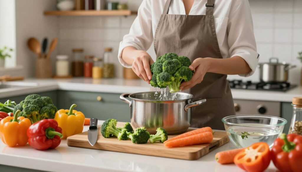 A vibrant kitchen scene showcasing the preparation of vegetables, with a focus on fresh broccoli. In the foreground, a wooden cutting board displays neatly chopped broccoli florets, colorful bell peppers, and carrots, surrounded by a sharp knife and a bowl of water for rinsing. In the middle ground, a female chef in modest, professional attire is demonstrating the process of blanching broccoli, holding a pot of boiling water on the stove and watching the vegetables closely. The background features an inviting kitchen environment with warm lighting illuminating the counter and shelves filled with various spices and utensils. The atmosphere is lively and culinary, conveying a sense of careful preparation and attention to detail, as well as the joy of cooking healthy meals. A vibrant kitchen scene showcasing the preparation of vegetables, with a focus on fresh broccoli. In the foreground, a wooden cutting board displays neatly chopped broccoli florets, colorful bell peppers, and carrots, surrounded by a sharp knife and a bowl of water for rinsing. In the middle ground, a female chef in modest, professional attire is demonstrating the process of blanching broccoli, holding a pot of boiling water on the stove and watching the vegetables closely. The background features an inviting kitchen environment with warm lighting illuminating the counter and shelves filled with various spices and utensils. The atmosphere is lively and culinary, conveying a sense of careful preparation and attention to detail, as well as the joy of cooking healthy meals.