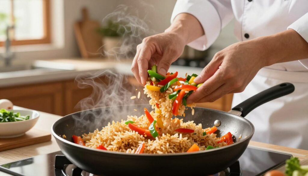 A vibrant kitchen scene showcasing the process of stir-frying rice. In the foreground, a skillet sizzles with perfectly cooked rice, gleaming with a light golden hue, surrounded by colorful chopped vegetables like bell peppers and green onions. Steam rises from the pan, providing a warm, aromatic atmosphere. In the middle, a pair of hands, clad in a professional chef's white coat, skillfully toss the ingredients together, emphasizing the technique of frying for enhanced flavor. The background features a cozy kitchen with wooden cabinets and herbs on the counter, softly illuminated by warm, natural light streaming through a window. The overall mood is inviting and lively, perfect for a culinary exploration. A vibrant kitchen scene showcasing the process of stir-frying rice. In the foreground, a skillet sizzles with perfectly cooked rice, gleaming with a light golden hue, surrounded by colorful chopped vegetables like bell peppers and green onions. Steam rises from the pan, providing a warm, aromatic atmosphere. In the middle, a pair of hands, clad in a professional chef's white coat, skillfully toss the ingredients together, emphasizing the technique of frying for enhanced flavor. The background features a cozy kitchen with wooden cabinets and herbs on the counter, softly illuminated by warm, natural light streaming through a window. The overall mood is inviting and lively, perfect for a culinary exploration.