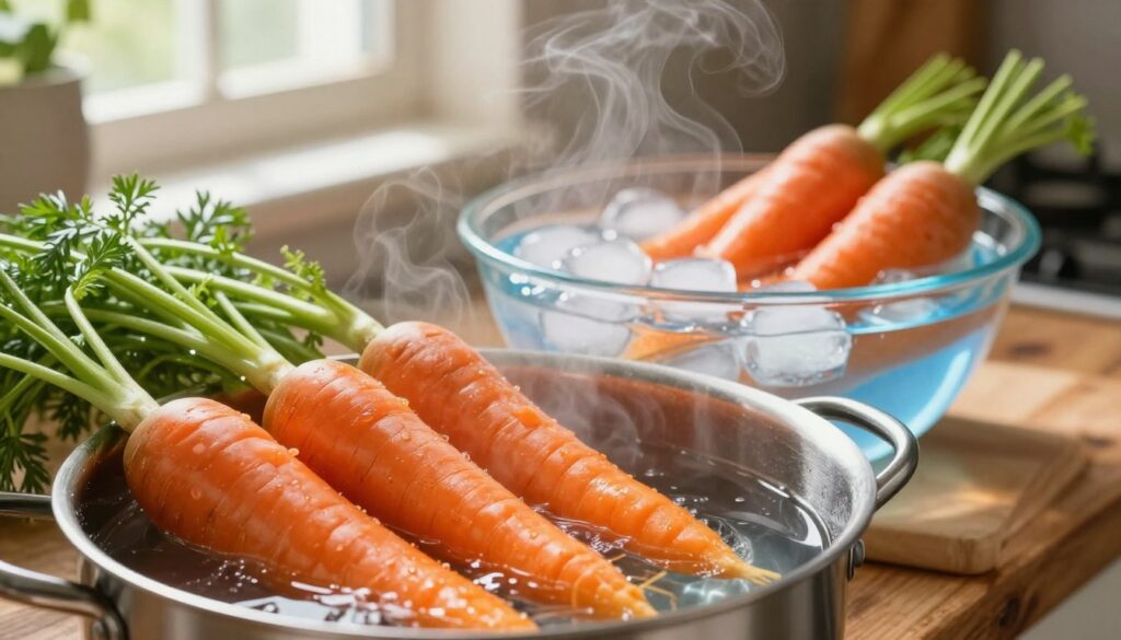 A vibrant kitchen setting showcasing the process of blanching carrots, with freshly harvested orange carrots in the foreground placed in a pot of boiling water, steam rising gracefully. In the middle ground, a bowl filled with ice water is prepared for quick cooling, showcasing the contrast between the bright orange of the carrots and the clear blue of the ice water. In the background, sunlight streams through a window, casting warm, inviting light across a rustic wooden countertop adorned with kitchen utensils. The atmosphere is lively and practical, encapsulating the essence of home cooking. The focus should be sharp on the carrots, with a blurred background to enhance depth, creating an appealing image of this essential kitchen technique. A vibrant kitchen setting showcasing the process of blanching carrots, with freshly harvested orange carrots in the foreground placed in a pot of boiling water, steam rising gracefully. In the middle ground, a bowl filled with ice water is prepared for quick cooling, showcasing the contrast between the bright orange of the carrots and the clear blue of the ice water. In the background, sunlight streams through a window, casting warm, inviting light across a rustic wooden countertop adorned with kitchen utensils. The atmosphere is lively and practical, encapsulating the essence of home cooking. The focus should be sharp on the carrots, with a blurred background to enhance depth, creating an appealing image of this essential kitchen technique.