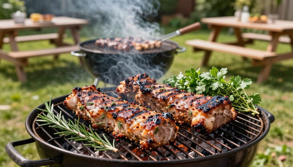 A vibrant outdoor barbecue scene featuring grilled pork neck (karkówka) on a traditional grill. In the foreground, juicy pork neck marinated with herbs and spices is beautifully presented, showcasing its rich brown color and grill marks. Surrounding it are fresh green herbs—rosemary, thyme, and parsley—adding a touch of color. In the middle ground, a charcoal grill is smoking gently, surrounded by cooking utensils, adding a sense of action to the scene. The background features a sunlit garden with greenery and a picnic table set for a barbecue, enhancing the inviting atmosphere. Soft, warm lighting captures the delicious texture of the food, while a shallow depth of field focuses on the grill, conveying a sense of culinary expertise and technique.