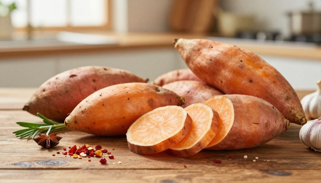 A vibrant scene showcasing a selection of fresh, uncooked sweet potatoes (bataty) arranged artfully on a rustic wooden table. In the foreground, several plump, orange-hued sweet potatoes with their earthy skins visible, some partially sliced to reveal their creamy interior. In the middle ground, a scattering of aromatic spices such as chili flakes, garlic, and fresh herbs enhances the visual appeal. The background features a softly blurred kitchen setting, with warm light filtering through a window, creating a cozy atmosphere. A medium-close up angle captures the textures and colors vividly, inviting the viewer to imagine the cooking process. The mood is warm and inviting, perfect for showcasing the essence of sweet potatoes ready for a flavorful dish. A vibrant scene showcasing a selection of fresh, uncooked sweet potatoes (bataty) arranged artfully on a rustic wooden table. In the foreground, several plump, orange-hued sweet potatoes with their earthy skins visible, some partially sliced to reveal their creamy interior. In the middle ground, a scattering of aromatic spices such as chili flakes, garlic, and fresh herbs enhances the visual appeal. The background features a softly blurred kitchen setting, with warm light filtering through a window, creating a cozy atmosphere. A medium-close up angle captures the textures and colors vividly, inviting the viewer to imagine the cooking process. The mood is warm and inviting, perfect for showcasing the essence of sweet potatoes ready for a flavorful dish.
