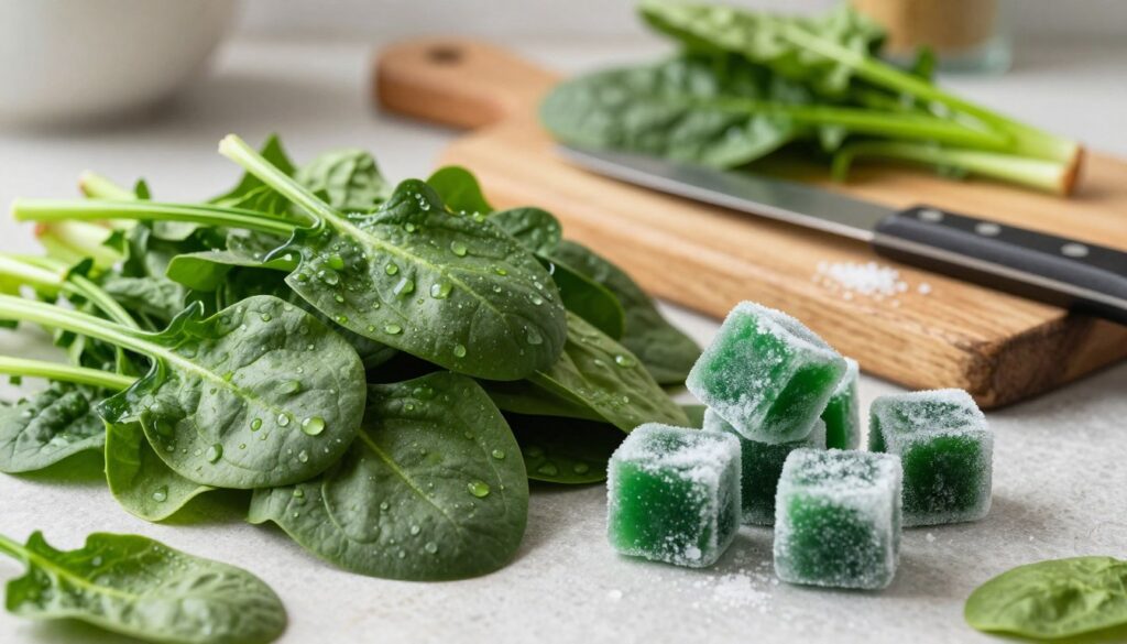A vibrant still life composition featuring fresh spinach leaves and frozen spinach cubes. In the foreground, showcase a pile of lush, dark green, fresh spinach leaves with dew drops glistening under soft, natural light. Intermixed with the fresh spinach, include bright, emerald-green frozen spinach cubes, their texture visibly frosted. In the middle ground, place a rustic wooden cutting board with a small kitchen knife and a sprinkle of salt, hinting at the preparation process. The background should be softly blurred, suggesting a cozy kitchen atmosphere with warm, inviting lighting. The overall mood should be fresh and appetizing, capturing the essence of choosing between fresh and frozen spinach in a culinary setting. A vibrant still life composition featuring fresh spinach leaves and frozen spinach cubes. In the foreground, showcase a pile of lush, dark green, fresh spinach leaves with dew drops glistening under soft, natural light. Intermixed with the fresh spinach, include bright, emerald-green frozen spinach cubes, their texture visibly frosted. In the middle ground, place a rustic wooden cutting board with a small kitchen knife and a sprinkle of salt, hinting at the preparation process. The background should be softly blurred, suggesting a cozy kitchen atmosphere with warm, inviting lighting. The overall mood should be fresh and appetizing, capturing the essence of choosing between fresh and frozen spinach in a culinary setting.