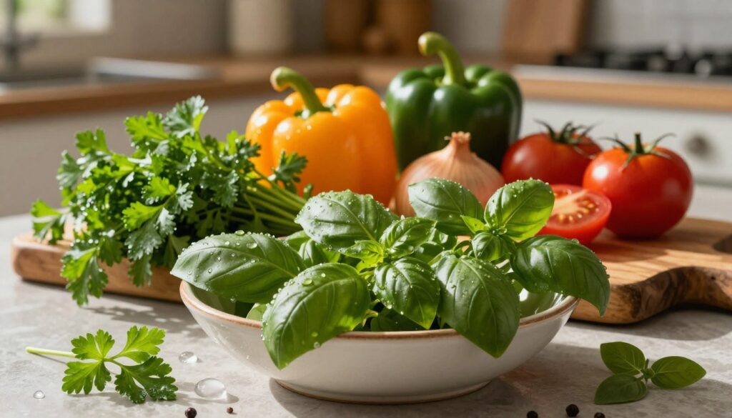 A vibrant still life featuring an array of fresh herbs commonly used in leczo, such as parsley, basil, and oregano, artfully arranged in an elegant ceramic bowl. In the foreground, glistening droplets of water cling to the leaves, highlighting their freshness. The middle ground showcases a rustic wooden cutting board adorned with colorful bell peppers, onions, and tomatoes, emphasizing the savory ingredients of the dish. Soft, warm natural lighting filters from the side, casting gentle shadows that create depth and warmth. In the background, a blurred kitchen setting with subtle hints of cooking utensils enhances the inviting kitchen atmosphere. The mood is cozy and aromatic, conveying the essence of home-cooked flavors bursting with the scent of herbs and spices. A vibrant still life featuring an array of fresh herbs commonly used in leczo, such as parsley, basil, and oregano, artfully arranged in an elegant ceramic bowl. In the foreground, glistening droplets of water cling to the leaves, highlighting their freshness. The middle ground showcases a rustic wooden cutting board adorned with colorful bell peppers, onions, and tomatoes, emphasizing the savory ingredients of the dish. Soft, warm natural lighting filters from the side, casting gentle shadows that create depth and warmth. In the background, a blurred kitchen setting with subtle hints of cooking utensils enhances the inviting kitchen atmosphere. The mood is cozy and aromatic, conveying the essence of home-cooked flavors bursting with the scent of herbs and spices.