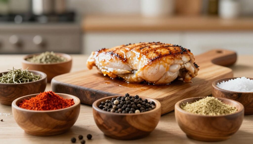 A visually appealing arrangement of various spices and seasonings specifically for chicken, centered in the foreground. Include vibrant colors of paprika, black pepper, garlic powder, dried herbs, and salt in small, vintage wooden bowls. In the middle ground, a perfectly seared chicken breast on a rustic cutting board, lightly glistening to suggest juiciness. The background features a softly blurred kitchen setting, illuminated by warm, natural lighting, creating a cozy atmosphere. Emphasize the textures of the spices and the chicken, using a shallow depth of field to draw attention to the central elements. Aim for an inviting, appetizing mood that inspires culinary experimentation.
