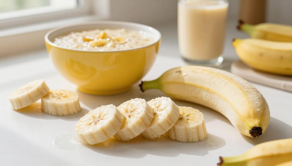 A visually appealing composition featuring frozen bananas on a clean, white surface. In the foreground, several sliced and whole frozen bananas are arranged artfully, glistening with frost. The middle ground includes a vibrant bowl filled with banana smoothie, emphasizing the culinary applications. In the background, subtle hints of kitchen utensils and fresh fruit create a warm atmosphere, suggesting a homey kitchen setting. Soft, natural light streams in from a nearby window, casting gentle shadows that enhance the texture of the bananas. The overall mood is inviting and refreshing, perfect for illustrating the culinary uses of thawed frozen bananas. The angle should be slightly above the scene to showcase both the frozen bananas and the smoothies clearly. A visually appealing composition featuring frozen bananas on a clean, white surface. In the foreground, several sliced and whole frozen bananas are arranged artfully, glistening with frost. The middle ground includes a vibrant bowl filled with banana smoothie, emphasizing the culinary applications. In the background, subtle hints of kitchen utensils and fresh fruit create a warm atmosphere, suggesting a homey kitchen setting. Soft, natural light streams in from a nearby window, casting gentle shadows that enhance the texture of the bananas. The overall mood is inviting and refreshing, perfect for illustrating the culinary uses of thawed frozen bananas. The angle should be slightly above the scene to showcase both the frozen bananas and the smoothies clearly.