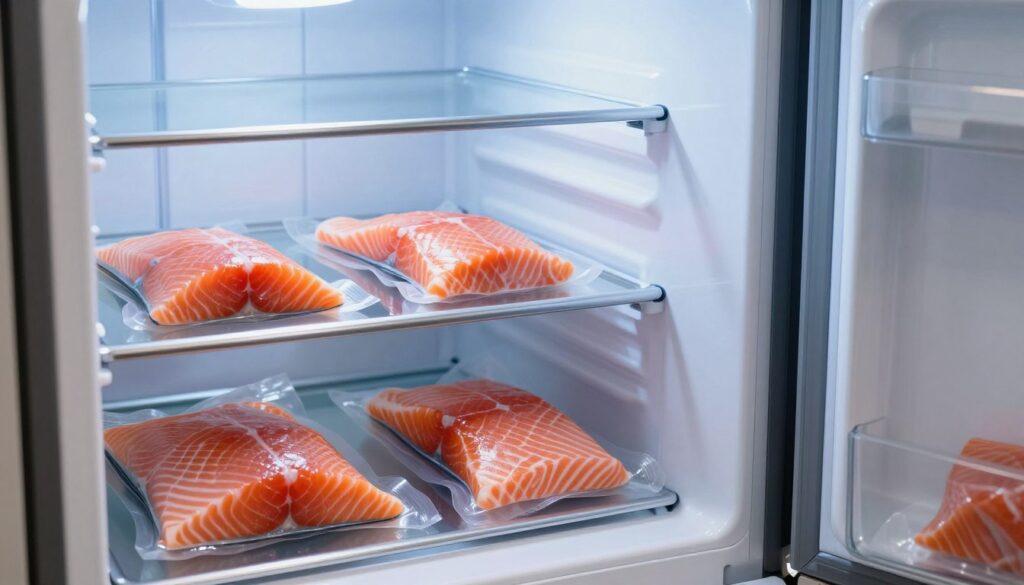 A visually appealing image showcasing the optimal storage of salmon in a modern freezer. In the foreground, a well-organized freezer compartment filled with neatly packaged salmon fillets, each clearly vacuum-sealed to maintain freshness. The middle ground features the freezer door slightly ajar, allowing soft, cool light to filter in, illuminating the fish in a serene, blue-tinted ambiance. In the background, minimalist kitchen elements like stainless steel shelves and cool-toned walls enhance the atmosphere of a clean and efficient kitchen space. The composition suggests a focus on freshness and proper preservation methods, while conveying a mood of tranquility and reliability, with soft shadows adding depth to the scene. The image should evoke a sense of order and the importance of proper food storage techniques.