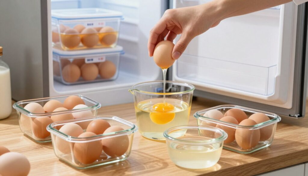 A visually appealing kitchen scene showcasing the process of safely freezing eggs. In the foreground, there are several clear glass containers filled with whole eggs and egg whites, arranged neatly on a wooden countertop. In the middle, a hand is gently cracking an egg over a measuring cup, with yolk and whites cascading in a smooth flow. The background features an open freezer with a few labeled containers of frozen eggs visible. Soft, natural lighting streams in from a nearby window, highlighting the freshness of the eggs and creating a warm, inviting atmosphere. The angle is slightly elevated, capturing the vibrancy and intent of the freezing process, emphasizing safety and neatness in food preparation. A visually appealing kitchen scene showcasing the process of safely freezing eggs. In the foreground, there are several clear glass containers filled with whole eggs and egg whites, arranged neatly on a wooden countertop. In the middle, a hand is gently cracking an egg over a measuring cup, with yolk and whites cascading in a smooth flow. The background features an open freezer with a few labeled containers of frozen eggs visible. Soft, natural lighting streams in from a nearby window, highlighting the freshness of the eggs and creating a warm, inviting atmosphere. The angle is slightly elevated, capturing the vibrancy and intent of the freezing process, emphasizing safety and neatness in food preparation.