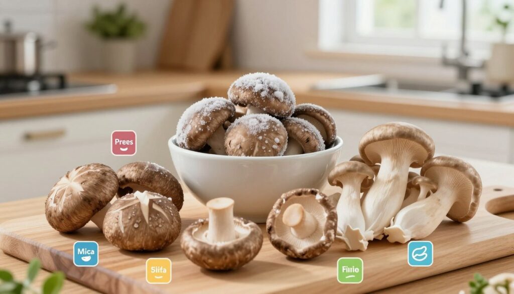 A visually appealing representation of the nutritional values of mushrooms after freezing. In the foreground, showcase a variety of mushrooms, such as shiitake, portobello, and oyster, arranged neatly on a cutting board. Each mushroom should have colorful infographics highlighting their nutrient content like proteins, vitamins, and minerals beside them. In the middle, include a small, elegant bowl displaying frozen mushrooms, glistening with frost, to emphasize the freezing process. The background should feature a softly lit kitchen environment with a wooden countertop, tastefully decorated with herbs and a subtle ambiance, creating a warm, inviting atmosphere. Optimize the scene with natural lighting from a nearby window to evoke freshness and healthiness, focusing on a slightly overhead angle to capture the details beautifully. A visually appealing representation of the nutritional values of mushrooms after freezing. In the foreground, showcase a variety of mushrooms, such as shiitake, portobello, and oyster, arranged neatly on a cutting board. Each mushroom should have colorful infographics highlighting their nutrient content like proteins, vitamins, and minerals beside them. In the middle, include a small, elegant bowl displaying frozen mushrooms, glistening with frost, to emphasize the freezing process. The background should feature a softly lit kitchen environment with a wooden countertop, tastefully decorated with herbs and a subtle ambiance, creating a warm, inviting atmosphere. Optimize the scene with natural lighting from a nearby window to evoke freshness and healthiness, focusing on a slightly overhead angle to capture the details beautifully.