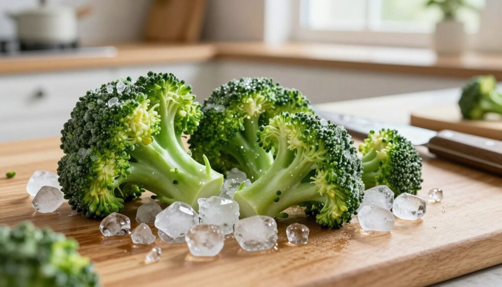 A visually captivating image of frozen broccoli florets arranged artistically on a wooden kitchen countertop. In the foreground, a pile of glistening, crystal-clear ice crystals clings to the vibrant green broccoli, reflecting specks of light that enhance the vivid color. In the middle ground, a rustic knife and chopping board hint at the preparation process, with delicate condensation on the knife suggesting freshness. The background features a softly blurred kitchen setting with natural light spilling in from a nearby window, creating a warm and inviting atmosphere. The image conveys an informative yet artistic mood, inviting viewers to consider the best methods for freezing broccoli. A visually captivating image of frozen broccoli florets arranged artistically on a wooden kitchen countertop. In the foreground, a pile of glistening, crystal-clear ice crystals clings to the vibrant green broccoli, reflecting specks of light that enhance the vivid color. In the middle ground, a rustic knife and chopping board hint at the preparation process, with delicate condensation on the knife suggesting freshness. The background features a softly blurred kitchen setting with natural light spilling in from a nearby window, creating a warm and inviting atmosphere. The image conveys an informative yet artistic mood, inviting viewers to consider the best methods for freezing broccoli.