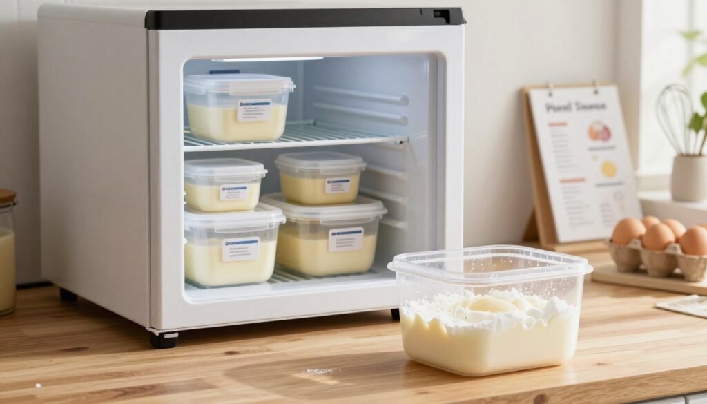 A visually engaging scene depicting the process of freezing egg whites in a kitchen setting. In the foreground, a transparent container filled with frosty, partially frozen egg whites sits on a wooden countertop, glistening with ice crystals. In the middle ground, a sleek, modern freezer is slightly ajar, revealing various labeled containers of egg whites on a shelf, emphasizing organization and safety. Soft, natural light filters through a nearby window, casting gentle shadows and creating a warm, inviting atmosphere. The background features kitchen essentials—fresh eggs, a whisk, and recipe cards—suggesting a culinary environment. The overall mood is one of professionalism and homey warmth, illustrating the benefits of freezing egg whites effectively and safely. A visually engaging scene depicting the process of freezing egg whites in a kitchen setting. In the foreground, a transparent container filled with frosty, partially frozen egg whites sits on a wooden countertop, glistening with ice crystals. In the middle ground, a sleek, modern freezer is slightly ajar, revealing various labeled containers of egg whites on a shelf, emphasizing organization and safety. Soft, natural light filters through a nearby window, casting gentle shadows and creating a warm, inviting atmosphere. The background features kitchen essentials—fresh eggs, a whisk, and recipe cards—suggesting a culinary environment. The overall mood is one of professionalism and homey warmth, illustrating the benefits of freezing egg whites effectively and safely.