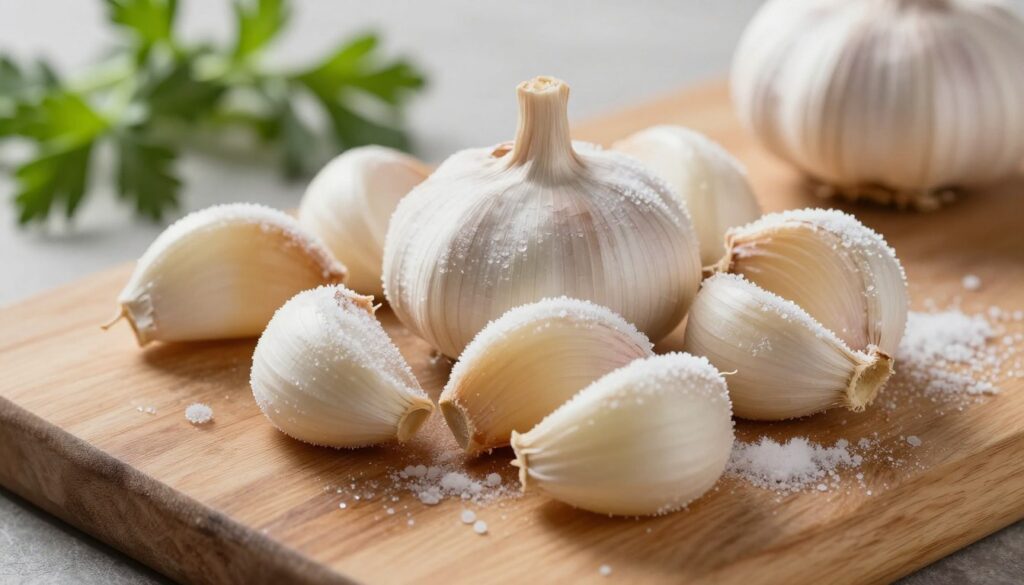 A visually striking close-up of frozen garlic cloves, showcasing their glistening, frosty surfaces and intricate textures. The cloves are arranged artfully on a smooth, rustic wooden cutting board, with a light dusting of frost subtly reflecting the soft, warm light of a kitchen setting. In the background, gentle hints of fresh green herbs can be seen, slightly blurred to maintain focus on the garlic. Soft shadows create a cozy, inviting atmosphere, highlighting the uniqueness of the frozen garlic while emphasizing its aromatic qualities. The overall composition should evoke a sense of culinary elegance and freshness, perfect for illustrating the concept of preserving garlic's flavor and sharpness through freezing.