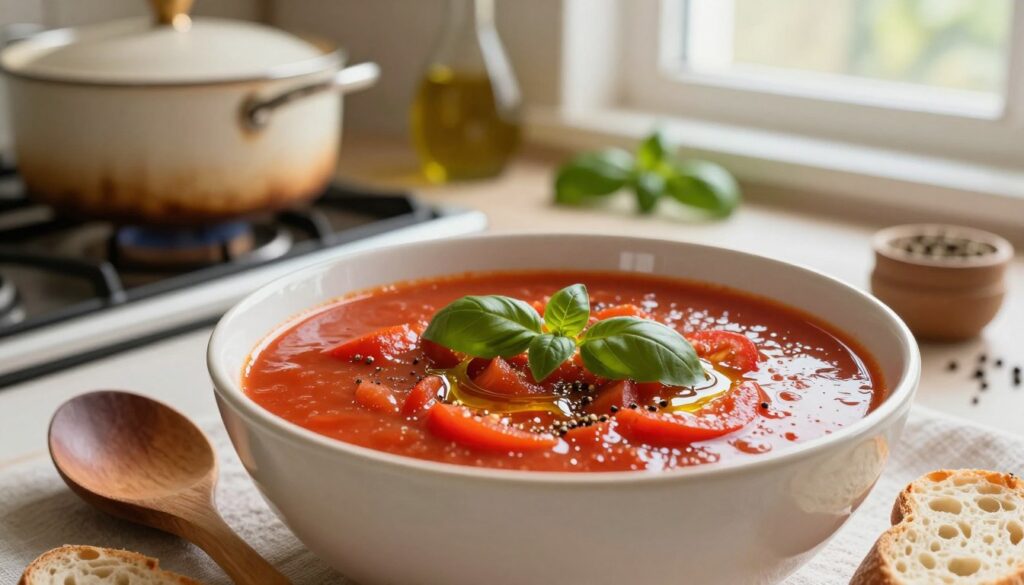 A warm bowl of zupa pomidorowa, richly colored with vibrant red tomatoes, simmering gently. The soup is garnished with fresh basil leaves, a drizzle of olive oil, and a sprinkle of black pepper. In the foreground, a wooden spoon rests beside the bowl, and a slice of crusty bread is partially visible. In the middle ground, a rustic kitchen setting with a vintage pot on the stove, herbs and spices neatly arranged around it to emphasize the seasoning process. Soft, diffused sunlight filters through a window, casting a cozy glow across the scene. The atmosphere is inviting and homely, conveying a sense of comfort and classic culinary tradition. A warm bowl of zupa pomidorowa, richly colored with vibrant red tomatoes, simmering gently. The soup is garnished with fresh basil leaves, a drizzle of olive oil, and a sprinkle of black pepper. In the foreground, a wooden spoon rests beside the bowl, and a slice of crusty bread is partially visible. In the middle ground, a rustic kitchen setting with a vintage pot on the stove, herbs and spices neatly arranged around it to emphasize the seasoning process. Soft, diffused sunlight filters through a window, casting a cozy glow across the scene. The atmosphere is inviting and homely, conveying a sense of comfort and classic culinary tradition.