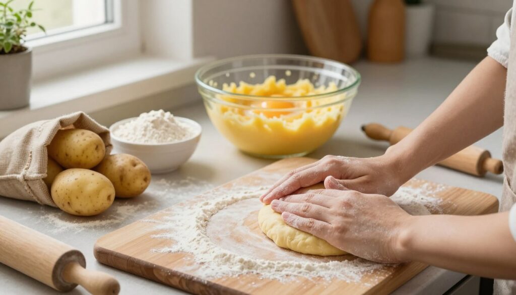 A well-lit kitchen countertop featuring the preparation of kopytka dough. In the foreground, a wooden board dusted with flour showcases a portion of dough being kneaded, with hands gently folding it. Beside the dough, there are fresh ingredients: a sack of potatoes, a bowl of flour, and a rolling pin. In the middle, a mixing bowl holds a rich, yellowy mixture, indicating eggs and potato mash being blended together. The background includes rustic kitchen utensils and bright, inviting light streaming through a window, creating a warm atmosphere. The entire scene exudes a sense of homeliness and culinary art, perfect for illustrating the process of preparing kopytka dough for freezing.