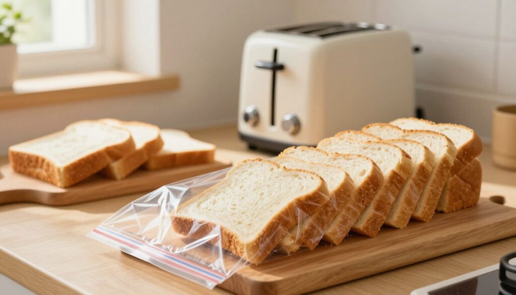 A well-organized kitchen countertop featuring a variety of sliced white sandwich bread neatly arranged on a wooden cutting board, ready for freezing. The foreground showcases a clear, resealable plastic bag filled with the sliced bread, with some slices slightly overlapping. In the middle, a modern kitchen appliance, like a toaster, is placed nearby, hinting at the bread's intended use. The background displays a softly colored kitchen with warm lighting, emphasizing a cozy atmosphere. Natural sunlight filters through a window, creating gentle shadows. The image conveys a sense of preparation and care, illustrating the process of getting bread ready for the freezer, without any clutter, focusing solely on the bread and kitchen accessories. A well-organized kitchen countertop featuring a variety of sliced white sandwich bread neatly arranged on a wooden cutting board, ready for freezing. The foreground showcases a clear, resealable plastic bag filled with the sliced bread, with some slices slightly overlapping. In the middle, a modern kitchen appliance, like a toaster, is placed nearby, hinting at the bread's intended use. The background displays a softly colored kitchen with warm lighting, emphasizing a cozy atmosphere. Natural sunlight filters through a window, creating gentle shadows. The image conveys a sense of preparation and care, illustrating the process of getting bread ready for the freezer, without any clutter, focusing solely on the bread and kitchen accessories.