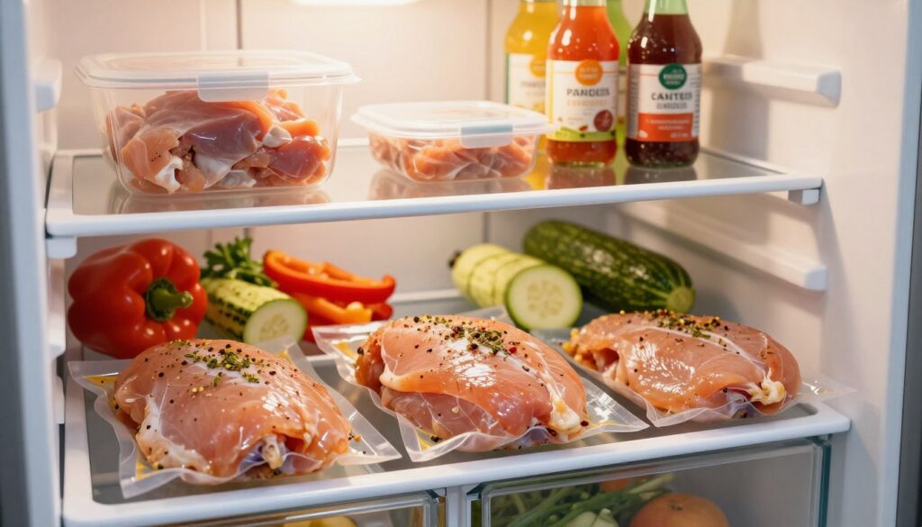 A well-organized refrigerator interior showcasing various cuts of marinated chicken meat. In the foreground, focus on neatly packaged chicken fillets, marinated in vibrant herbs and spices, tightly sealed for freshness. The middle layer displays colorful vegetables like bell peppers and zucchinis beside the meat, emphasizing healthy storage practices. In the background, soft lighting illuminates the shelves, highlighting organized containers and bottles of marinades. The overall atmosphere is clean and inviting, conveying the importance of proper meat storage. Capture the scene from a slightly angled perspective to create depth, using a warm color palette to create a sense of comfort and home cooking. A well-organized refrigerator interior showcasing various cuts of marinated chicken meat. In the foreground, focus on neatly packaged chicken fillets, marinated in vibrant herbs and spices, tightly sealed for freshness. The middle layer displays colorful vegetables like bell peppers and zucchinis beside the meat, emphasizing healthy storage practices. In the background, soft lighting illuminates the shelves, highlighting organized containers and bottles of marinades. The overall atmosphere is clean and inviting, conveying the importance of proper meat storage. Capture the scene from a slightly angled perspective to create depth, using a warm color palette to create a sense of comfort and home cooking.