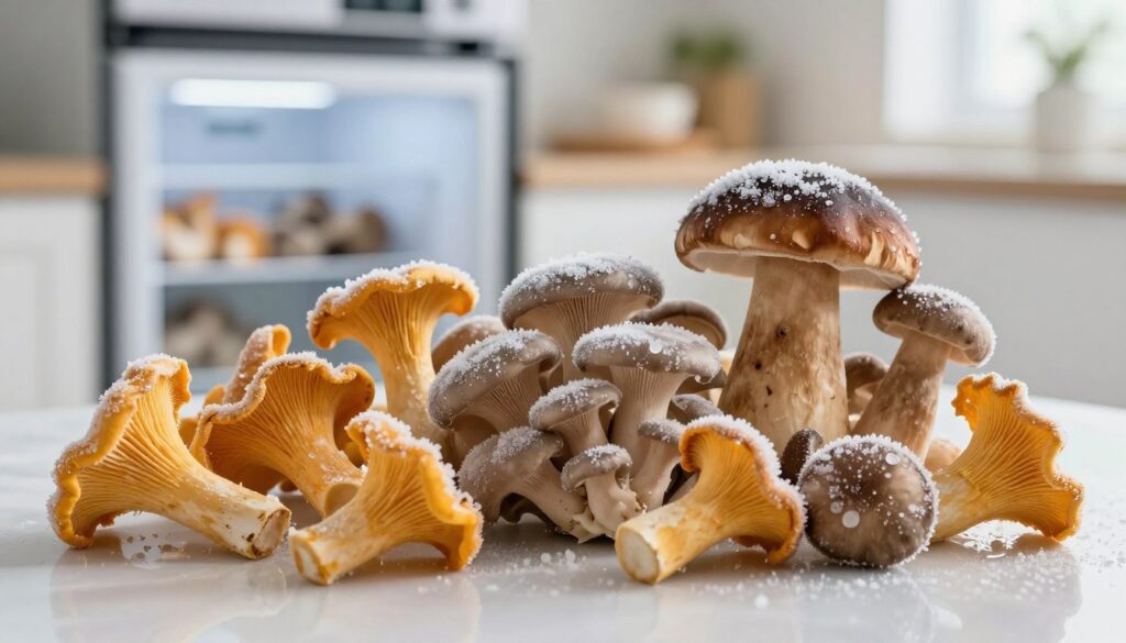 An artistic depiction of a collection of freshly flash-frozen mushrooms, elegantly arranged on a clean, reflective surface. In the foreground, a variety of mushrooms, such as chanterelles, porcini, and oyster mushrooms, are displayed with glistening frost crystals clinging to their surfaces, showcasing their vibrant colors and textures. The middle ground features a blurred kitchen setting with a modern freezer door slightly ajar, hinting at the flash-freezing process. The background is softly illuminated with diffused natural light, creating a cool, inviting atmosphere. Capture the moment with a slight overhead angle to emphasize the contrast between the fresh mushrooms and the frozen scene, evoking a sense of freshness and culinary artistry, inviting viewers to explore the topic of preserving mushrooms. An artistic depiction of a collection of freshly flash-frozen mushrooms, elegantly arranged on a clean, reflective surface. In the foreground, a variety of mushrooms, such as chanterelles, porcini, and oyster mushrooms, are displayed with glistening frost crystals clinging to their surfaces, showcasing their vibrant colors and textures. The middle ground features a blurred kitchen setting with a modern freezer door slightly ajar, hinting at the flash-freezing process. The background is softly illuminated with diffused natural light, creating a cool, inviting atmosphere. Capture the moment with a slight overhead angle to emphasize the contrast between the fresh mushrooms and the frozen scene, evoking a sense of freshness and culinary artistry, inviting viewers to explore the topic of preserving mushrooms.