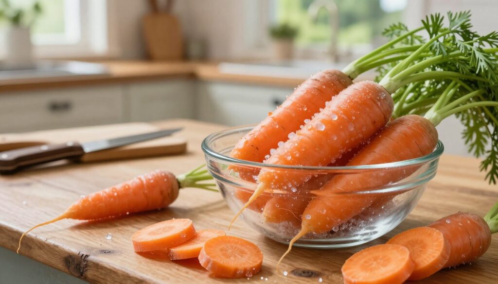 An artistic representation of freshly harvested carrots prepared for freezing, prominently displayed in the foreground. The scene features a crystal-clear bowl of vibrant orange raw carrots, some whole and others sliced, glistening with ice crystals. In the middle ground, a rustic wooden kitchen table is visible, with blurred kitchen utensils like a knife and cutting board, suggesting a homey atmosphere. The background showcases a softly lit kitchen with warm, natural light streaming through a window, hinting at a green garden outside. The overall mood is fresh and inviting, conveying the benefits of preserving carrots by freezing while maintaining their vibrant color and texture. The image is captured from a slightly elevated angle, emphasizing the carrots and their preparation process, evoking a sense of culinary delight and healthfulness. An artistic representation of freshly harvested carrots prepared for freezing, prominently displayed in the foreground. The scene features a crystal-clear bowl of vibrant orange raw carrots, some whole and others sliced, glistening with ice crystals. In the middle ground, a rustic wooden kitchen table is visible, with blurred kitchen utensils like a knife and cutting board, suggesting a homey atmosphere. The background showcases a softly lit kitchen with warm, natural light streaming through a window, hinting at a green garden outside. The overall mood is fresh and inviting, conveying the benefits of preserving carrots by freezing while maintaining their vibrant color and texture. The image is captured from a slightly elevated angle, emphasizing the carrots and their preparation process, evoking a sense of culinary delight and healthfulness.