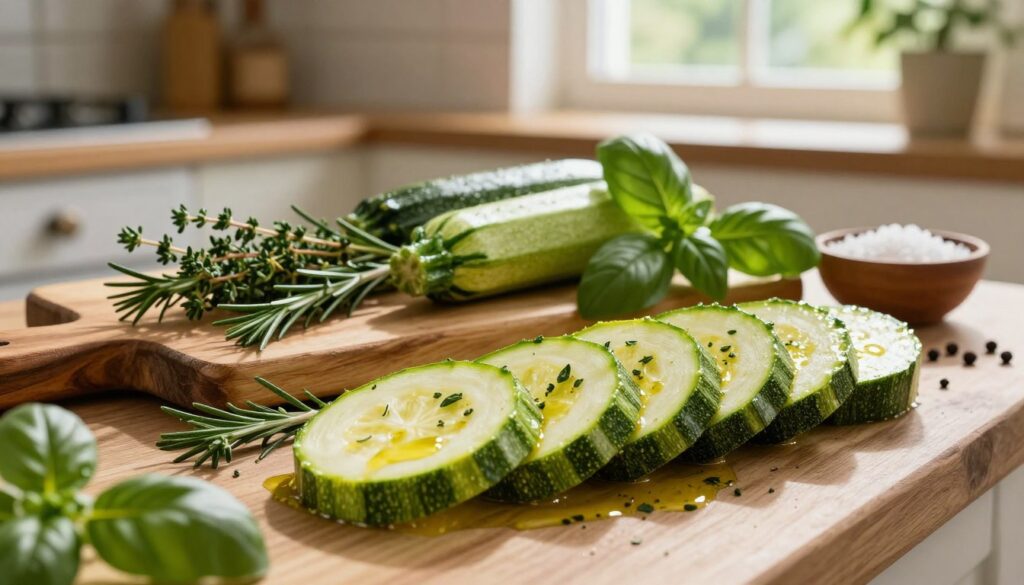 An elegant arrangement of zucchini adorned with a vibrant mix of Provençal herbs, including thyme, rosemary, and basil. The foreground features a close-up of sliced zucchini, glistening with olive oil, sprinkled generously with the herbs. In the middle, a rustic wooden cutting board enhances the natural appeal, accompanied by a subtle scattering of herbs and a small bowl of coarse sea salt. The background fades softly into a warm, sunlit kitchen, filled with aromatic greens and spices, creating a cozy, inviting atmosphere. Natural light filters through a nearby window, casting gentle shadows that emphasize the freshness of the ingredients. The overall mood is warm and rustic, showcasing the beauty of culinary preparation without any distractions. An elegant arrangement of zucchini adorned with a vibrant mix of Provençal herbs, including thyme, rosemary, and basil. The foreground features a close-up of sliced zucchini, glistening with olive oil, sprinkled generously with the herbs. In the middle, a rustic wooden cutting board enhances the natural appeal, accompanied by a subtle scattering of herbs and a small bowl of coarse sea salt. The background fades softly into a warm, sunlit kitchen, filled with aromatic greens and spices, creating a cozy, inviting atmosphere. Natural light filters through a nearby window, casting gentle shadows that emphasize the freshness of the ingredients. The overall mood is warm and rustic, showcasing the beauty of culinary preparation without any distractions.