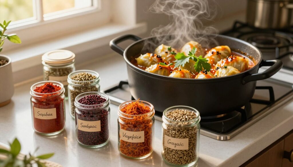 An overhead shot of an inviting kitchen countertop featuring an array of unique spices and herbs specifically designed for seasoning gołąbki. In the foreground, a vibrant assortment of spices like smoked paprika, sumac, fennel seeds, and saffron is artistically arranged in small glass jars with labels. The middle ground showcases a steaming pot of gołąbki, garnished with fresh herbs and drizzled with a rich, flavorful sauce. In the background, soft sunlight filters through a window, casting warm, golden light across the scene, enhancing the cozy atmosphere. The composition should evoke a sense of culinary adventure and creativity, inviting daring cooks to explore bold flavor profiles. Use a shallow depth of field to focus on the spices and dish, creating a blurred yet warm atmospheric background. An overhead shot of an inviting kitchen countertop featuring an array of unique spices and herbs specifically designed for seasoning gołąbki. In the foreground, a vibrant assortment of spices like smoked paprika, sumac, fennel seeds, and saffron is artistically arranged in small glass jars with labels. The middle ground showcases a steaming pot of gołąbki, garnished with fresh herbs and drizzled with a rich, flavorful sauce. In the background, soft sunlight filters through a window, casting warm, golden light across the scene, enhancing the cozy atmosphere. The composition should evoke a sense of culinary adventure and creativity, inviting daring cooks to explore bold flavor profiles. Use a shallow depth of field to focus on the spices and dish, creating a blurred yet warm atmospheric background.