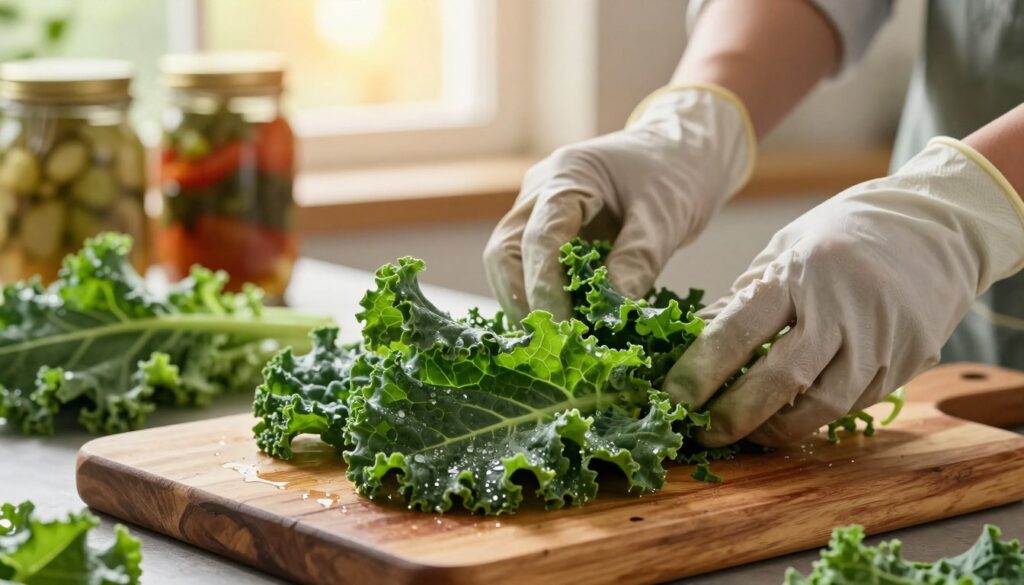 Vibrant green kale leaves being prepared for freezing; in the foreground, a rustic wooden cutting board displays freshly washed, de-stemmed kale, glistening with water droplets under soft natural light. The middle ground features a pair of hands, clad in modest kitchen gloves, gently arranging the leaves in preparation for packaging. In the background, a sunny kitchen space with soft-focus jars of preserved vegetables and a window allowing golden sunlight to illuminate the scene, creating a warm and inviting atmosphere. The overall mood is fresh and wholesome, showcasing the importance of proper food preparation, with a focus on the rich textures and colors of the kale leaves. Vibrant green kale leaves being prepared for freezing; in the foreground, a rustic wooden cutting board displays freshly washed, de-stemmed kale, glistening with water droplets under soft natural light. The middle ground features a pair of hands, clad in modest kitchen gloves, gently arranging the leaves in preparation for packaging. In the background, a sunny kitchen space with soft-focus jars of preserved vegetables and a window allowing golden sunlight to illuminate the scene, creating a warm and inviting atmosphere. The overall mood is fresh and wholesome, showcasing the importance of proper food preparation, with a focus on the rich textures and colors of the kale leaves.